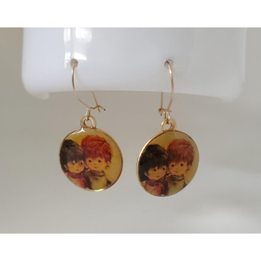 Vintage Fran Mar Enamel Earrings Kids Illustration Gold Tone Dangle Pierced Art